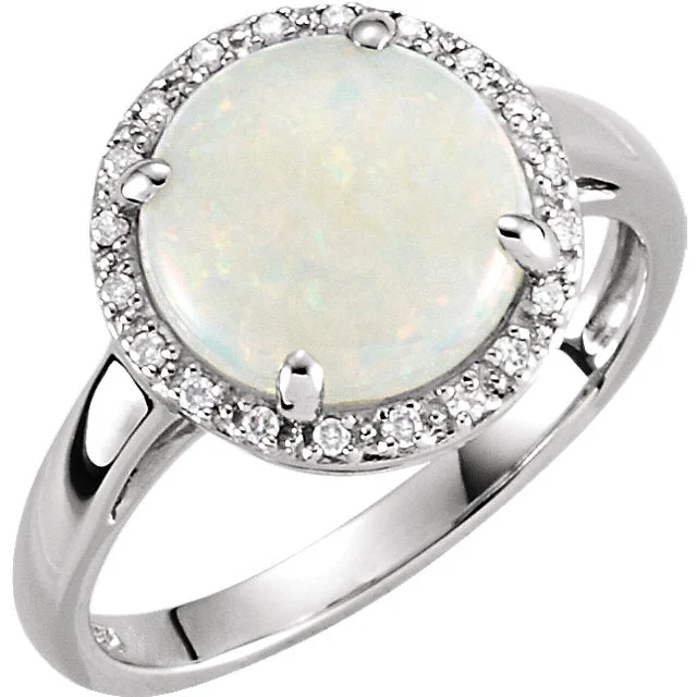 14k White Gold Genuine 10mm Australian Opal & .07 CTW Diamond Halo Ring