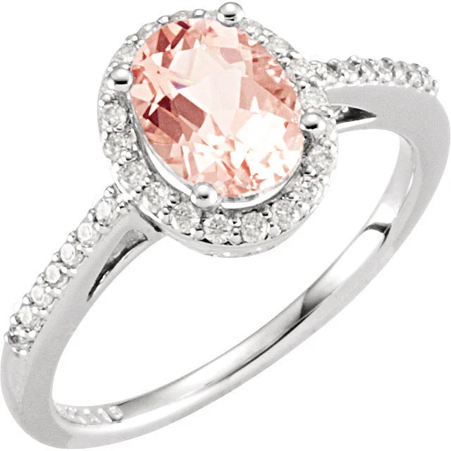 14k White Gold Oval Morganite & 1/5 CTW Diamond Halo Ring