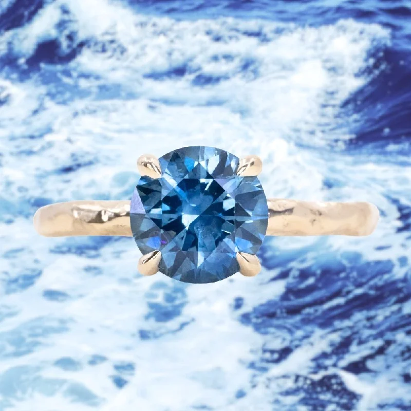 2.07ct Round Ocean Blue Montana Sapphire Evergreen Carved 4 Prong Solitaire in 14k Yellow Gold