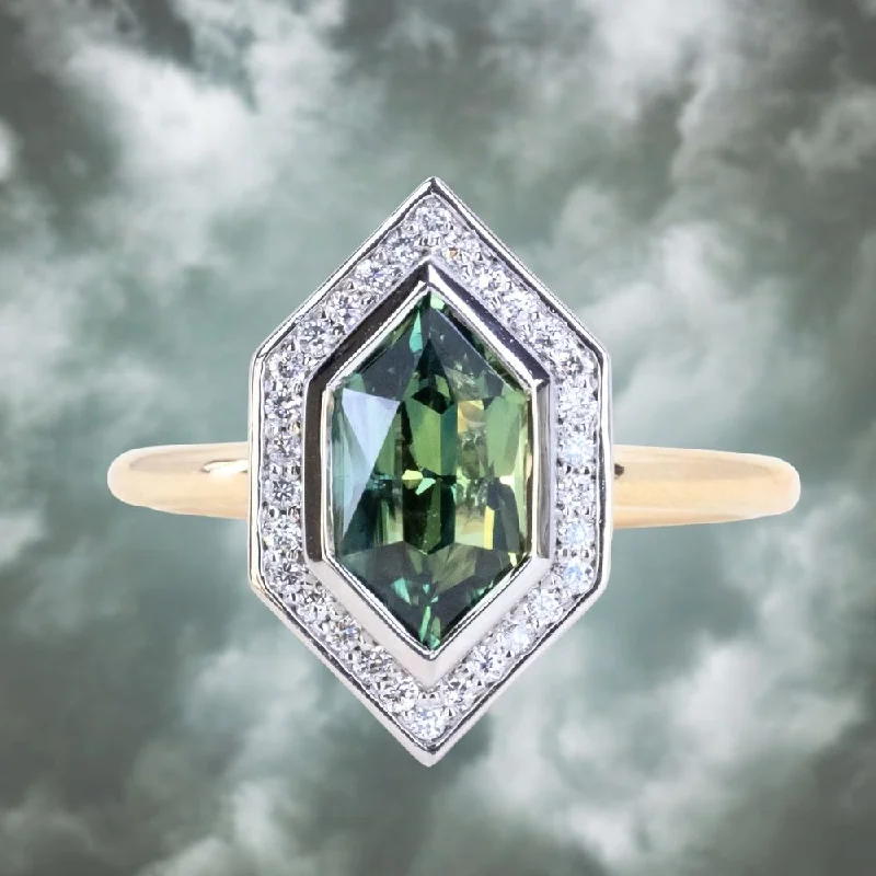 2.17ct Elongated Madagascar Teal Green Sapphire Bezel Set Diamond Halo Ring in Two-tone Platinum and Yellow Gold