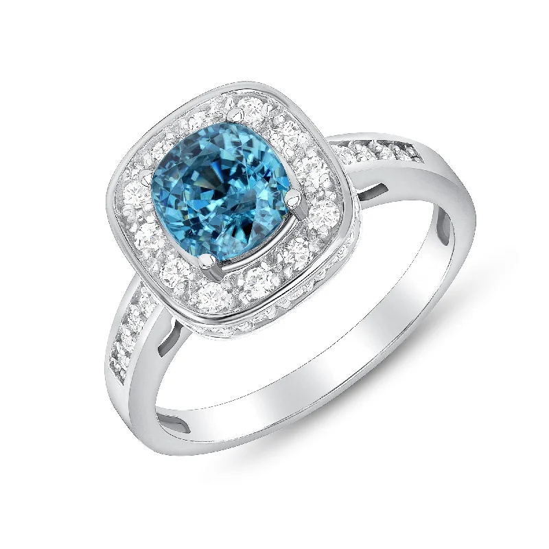 2.21 ct Blue Zircon and Diamond Ring in 14k White Gold