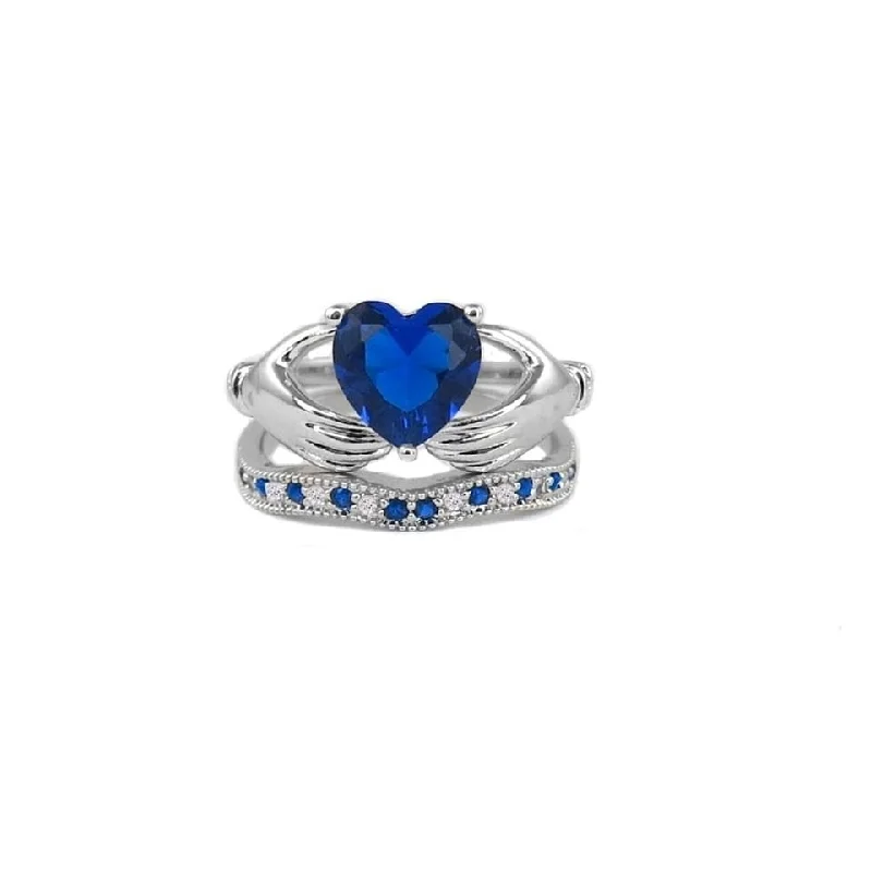 3.50Cttw Sapphire Heart Cut Claddagh Ring And Band Set