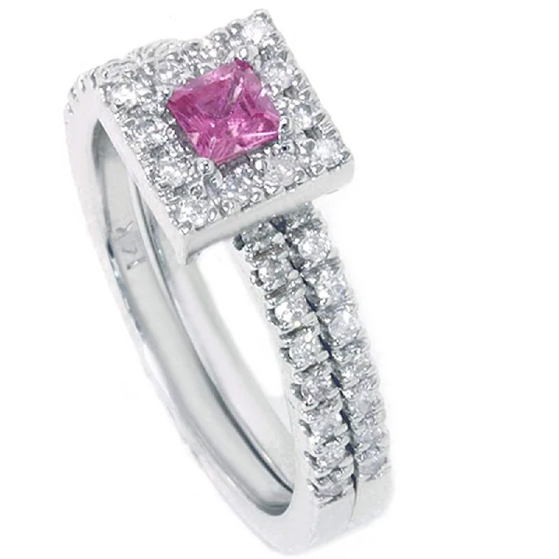 5/8ct Princess Cut Pink Sapphire & Diamond Engagement Wedding Ring Set White Gold