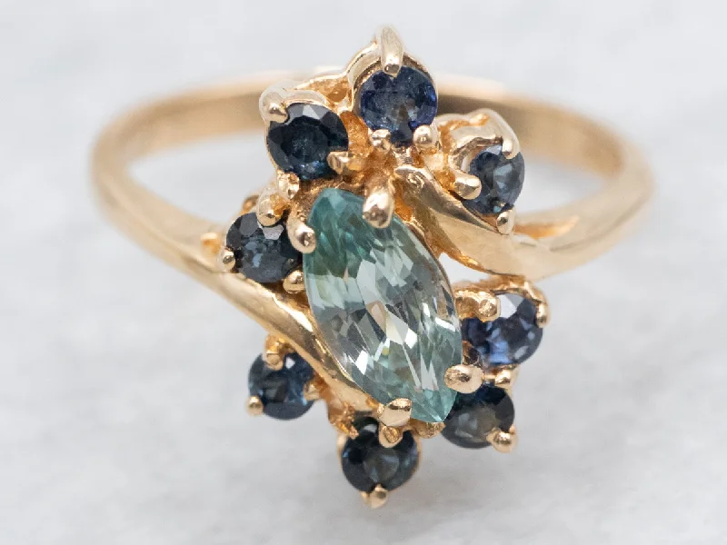 Marquise-Cut Blue Zircon and Sapphire Halo Bypass Ring