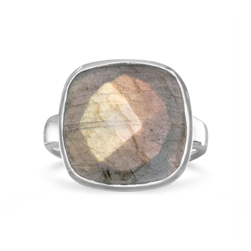 Sterling Silver Large Checkerboard Faceted Cushion Cut Labradorite Ring