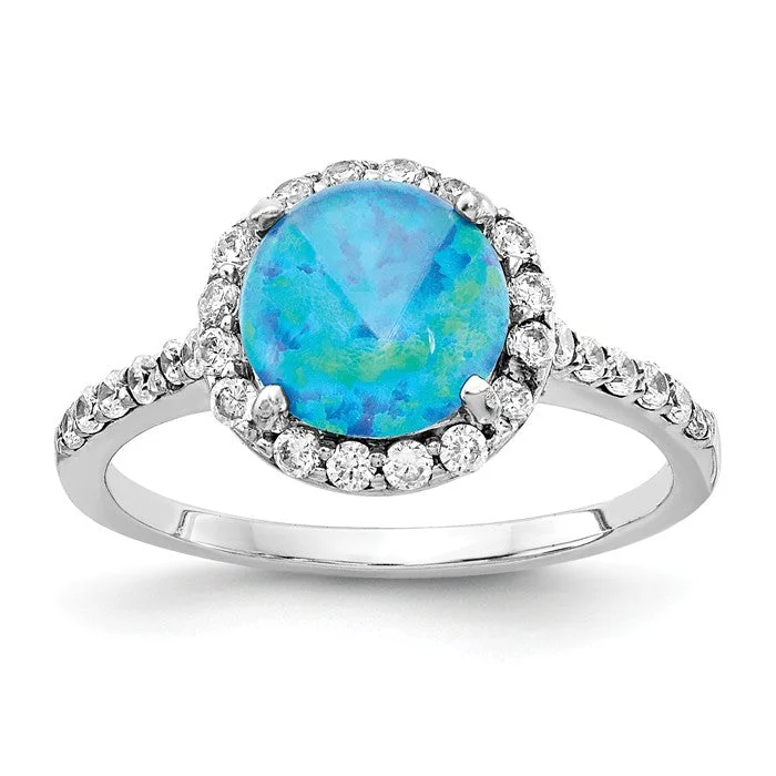 Cheryl M Sterling Silver Round Lab Created Blue Opal and CZ Halo Ring