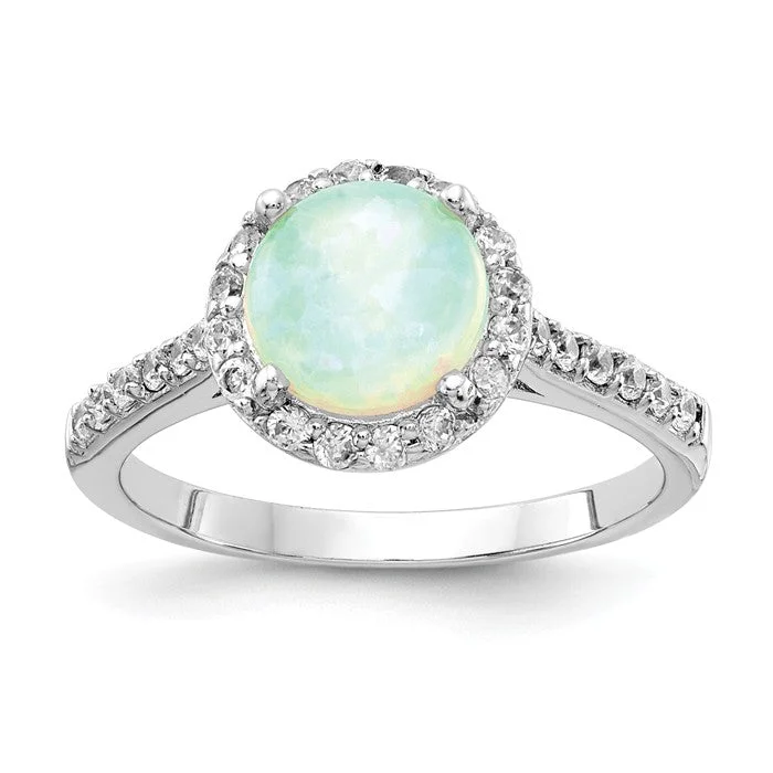 Cheryl M Sterling Silver Round Lab Created White Opal and CZ Halo Ring