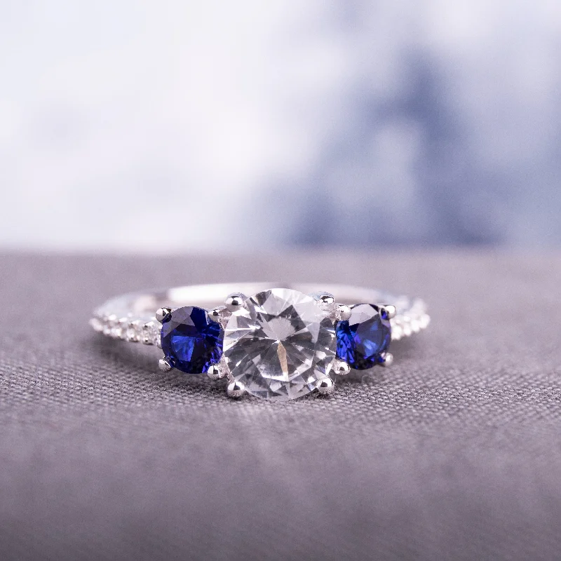 Created Blue and White Sapphire Diamond 3-Stone Ring in 10k white Gold by Miadora