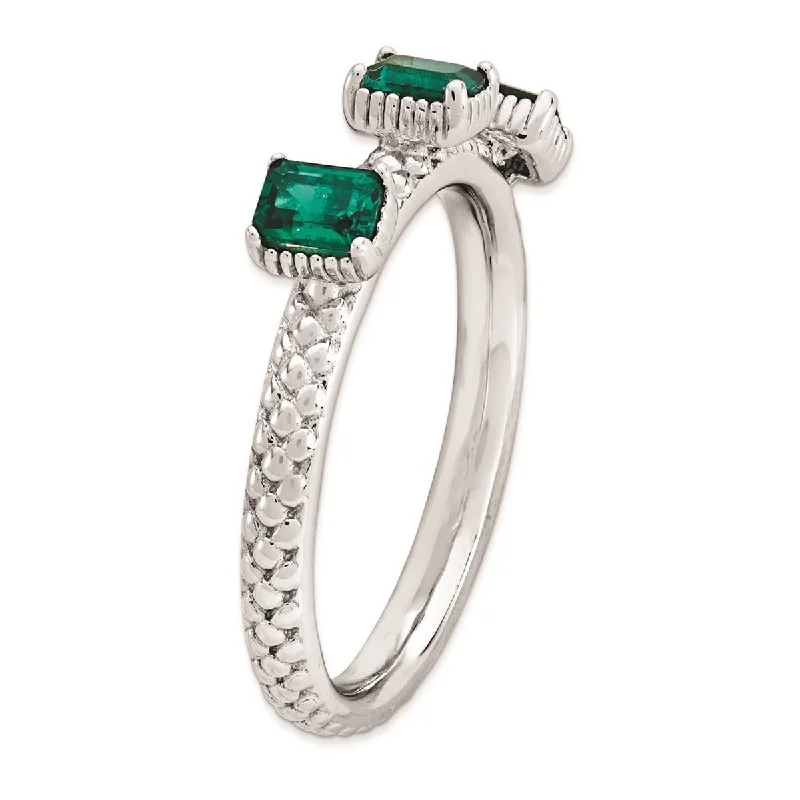 Curata 2.5mm 925 Sterling Silver Polished Prong set Stackable Expressions Created Emerald Three Stone Ring