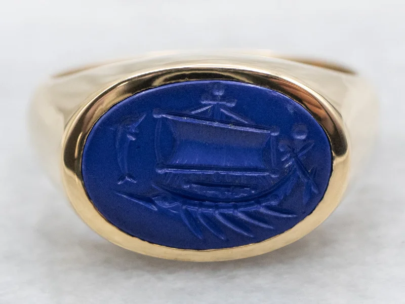 East to West Oval Lapis Intaglio Ring