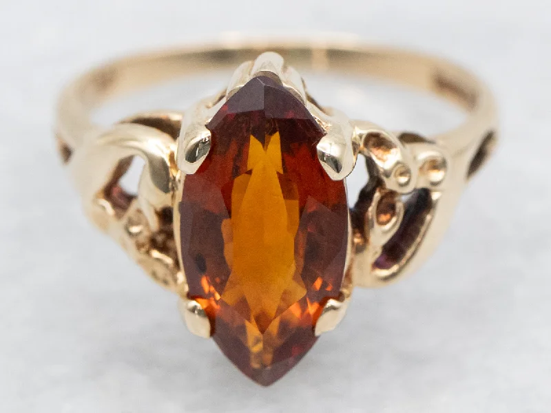 Marquise Cut Citrine Solitaire Ring with Openwork Shoulders