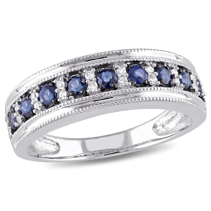 Miadora 1/2ct TGW Sapphire and 1/10ct TW Diamond Anniversary Band in 10k White Gold