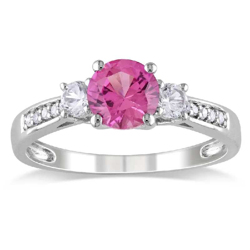 Miadora 10k White Gold Created Pink and White Sapphire and Diamond 3-stone Engagement Ring (G-H, I2-