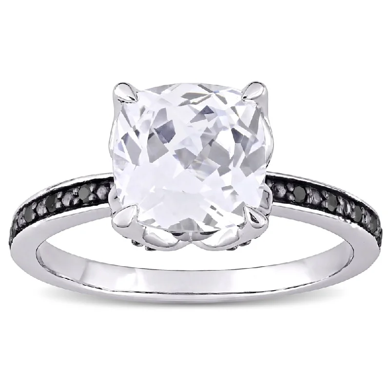 Miadora 10k White Gold Cushion-Cut Created White Sapphire and Black Diamond Engagement Ring