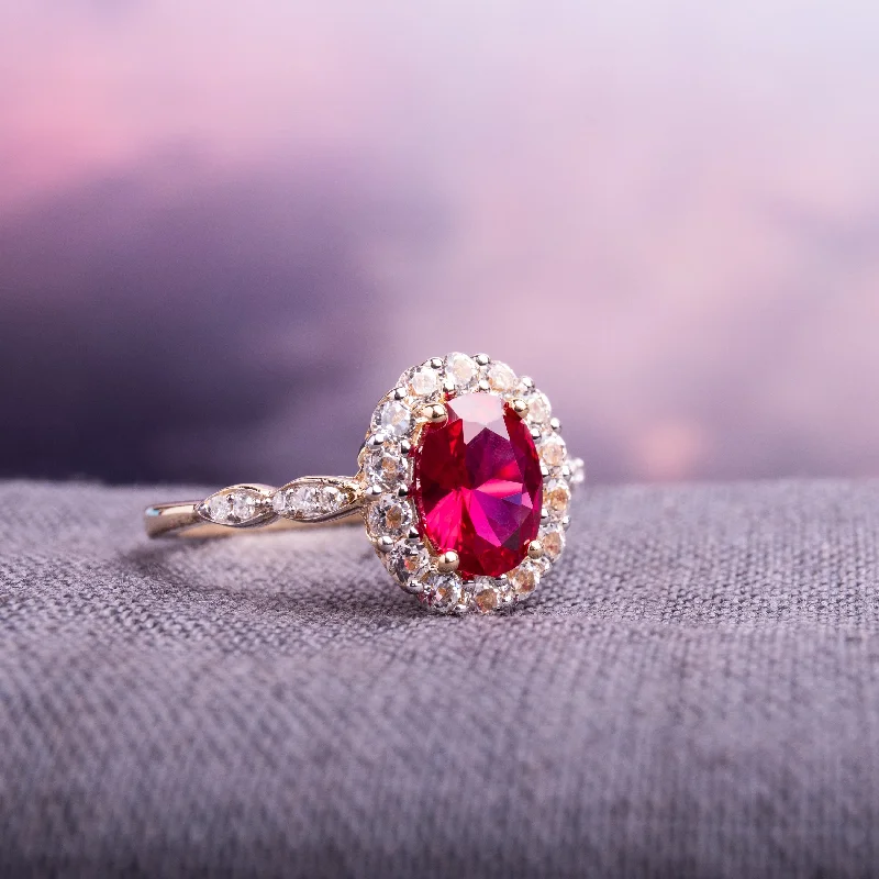 Miadora 14k Yellow Gold Oval-cut Created Ruby, White Topaz and Diamond Accent Halo Cocktail Ring