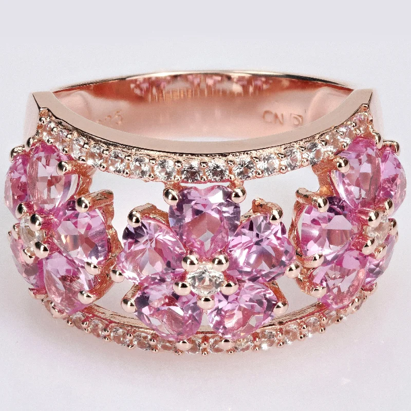 Miadora Heart Created Pink & White Sapphire Floral Cocktail Ring in Rose Plated Sterling Silver