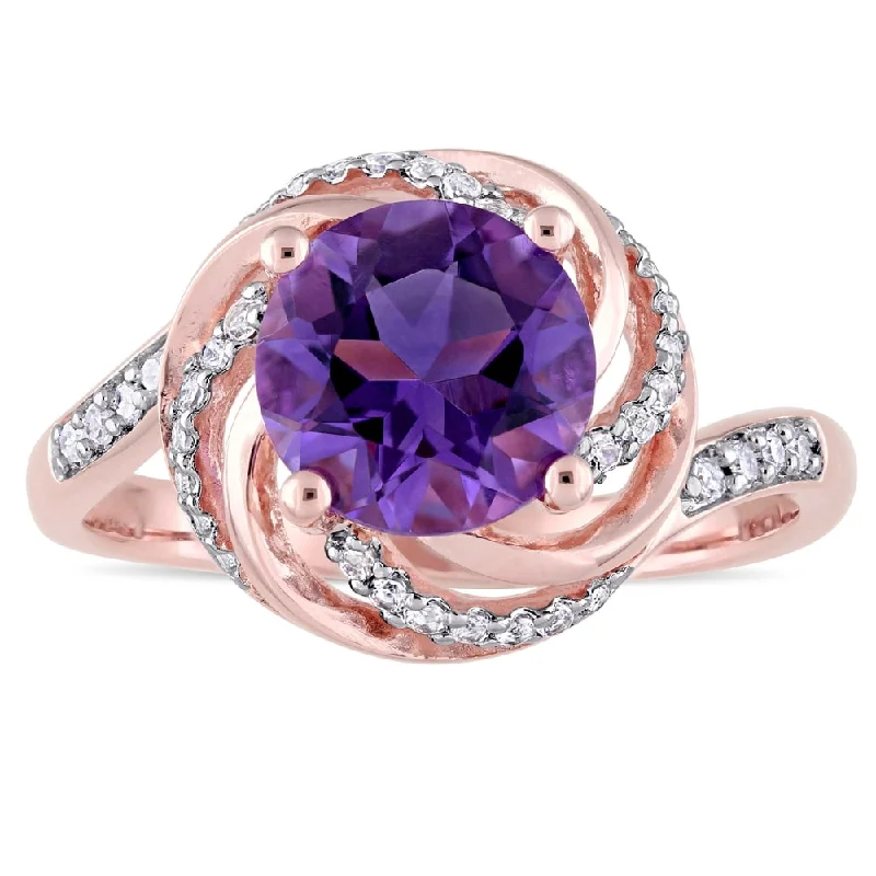 Miadora Rose Plated Sterling Silver Amethyst White Topaz and Diamond Swirl Halo Ring