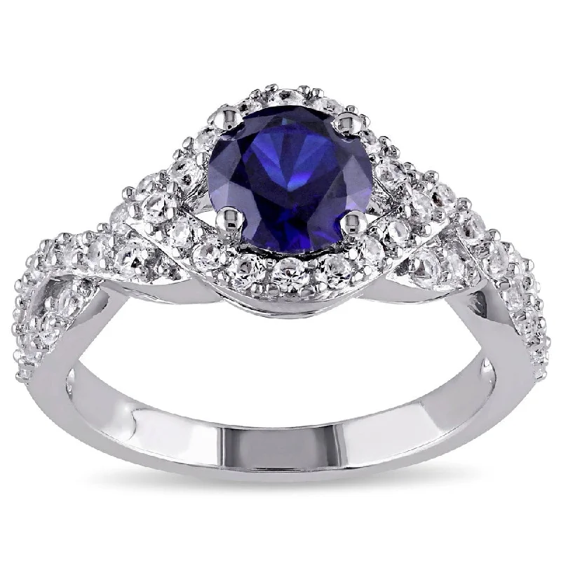 Miadora Sterling Silver Created Blue and White Sapphire Crossover Engagement Ring