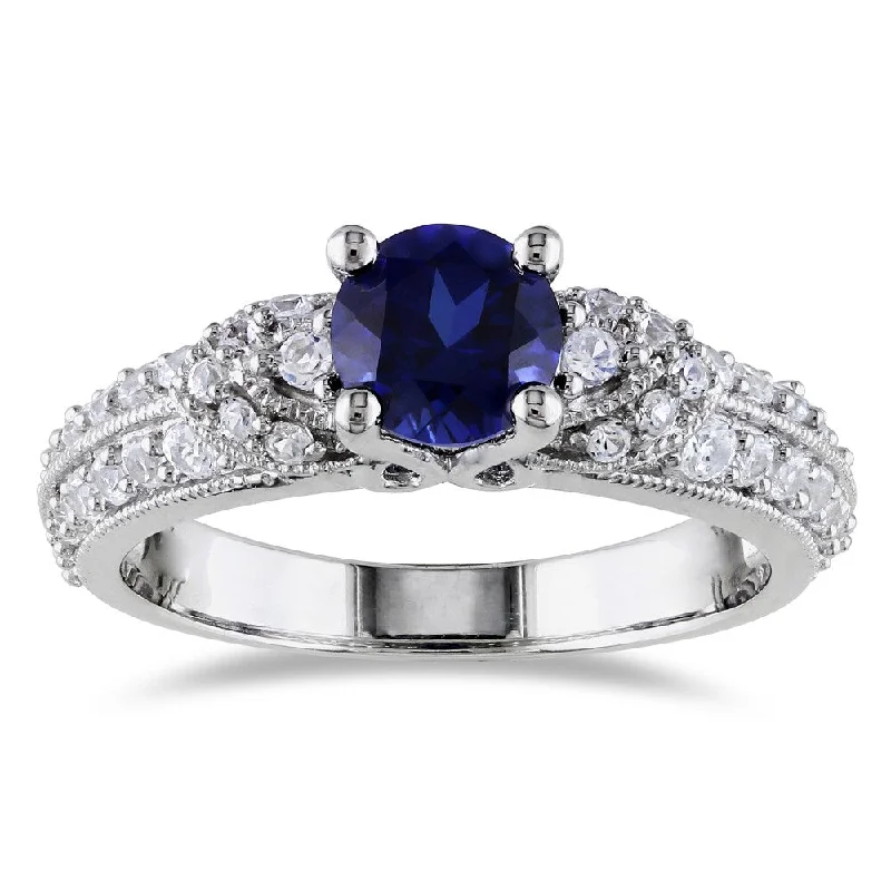 Miadora Sterling Silver Created Blue and White Sapphire Engagement Ring