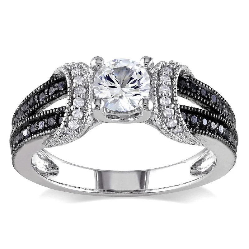 Miadora Sterling Silver Created White Sapphire and 1/4ct TDW Black and White Diamond Split Shank Eng