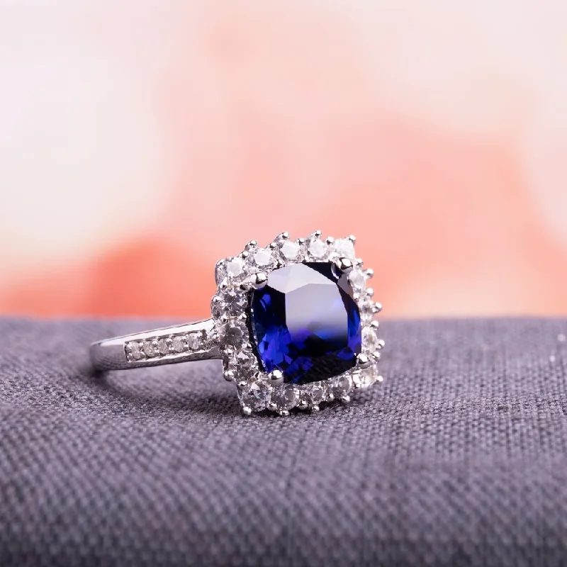 Miadora Sterling Silver Cushion-cut Created Blue and White Sapphire with Diamond Accents Square Halo Engagement Ring