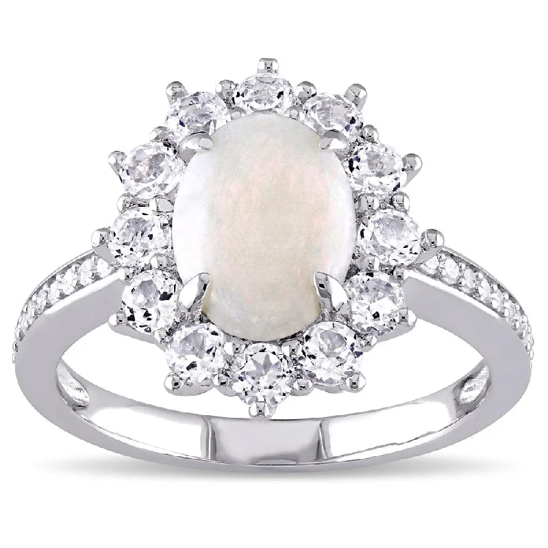 Miadora Sterling Silver Opal, White Topaz and 1/10ct TDW Diamond Halo Cocktail Ring (G-H, I2-I3)