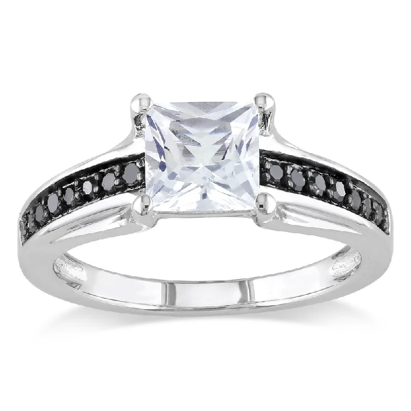 Miadora Sterling Silver Square-cut Created White Sapphire and 1/6ct TDW Black Diamond Engagement RinG