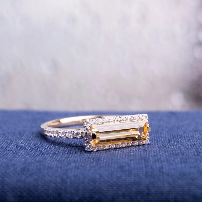 Miadora Yellow Gold Plated Sterling Silver Baguette Citrine and White Sapphire Halo Bar Ring