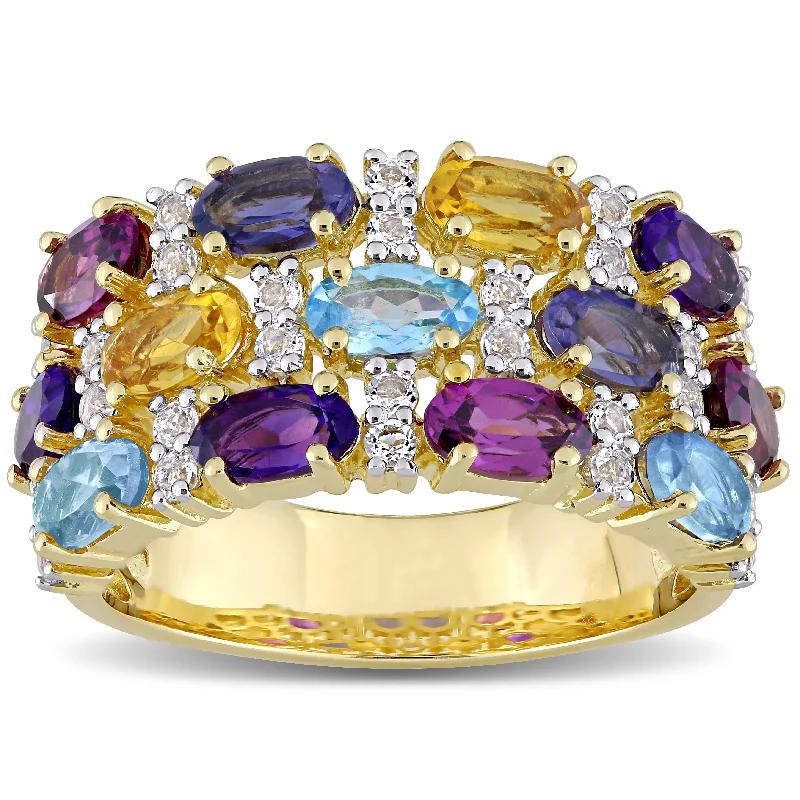 Miadora Yellow Plated Sterling Silver Multi-Gemstone 3-Row Cluster Anniversary Band