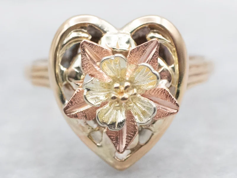 Mid Century Two Tone Heart Flower Blossom Ring