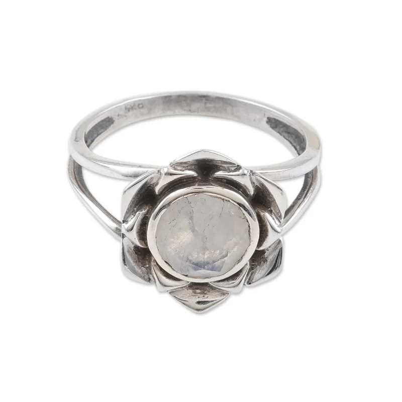 Novica Handmade Misty Lotus Rainbow Moonstone Cocktail Ring