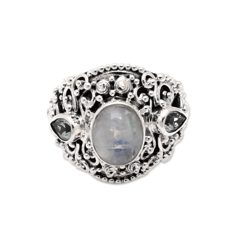 Novica Handmade Nirvana Plumeria Rainbow Moonstone And Blue Topaz Cocktail Ring