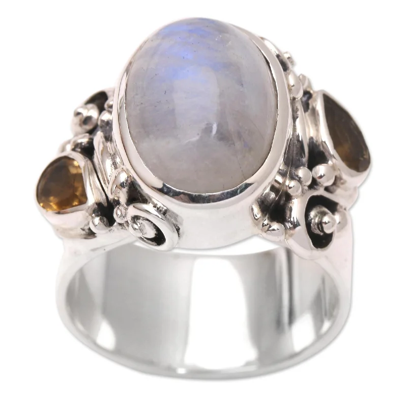 Novica Handmade Snow Day Rainbow Moonstone And Citrine Cocktail Ring