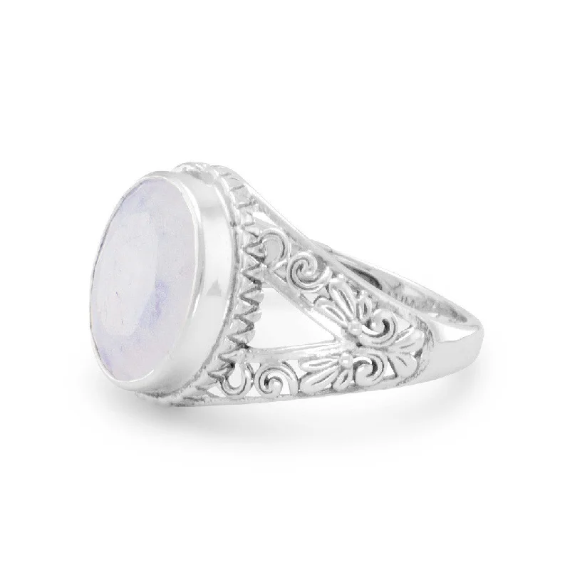 Sterling Silver Ornate 12mm Oval Rainbow Moonstone Ring