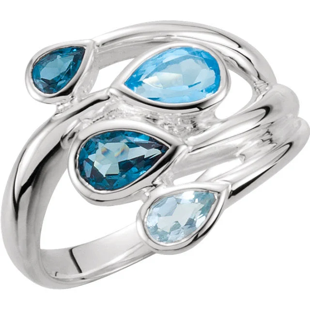 Sterling Silver Sky Blue, London Blue & Swiss Blue Topaz Bypass Ring