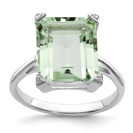 Sterling Silver 12mm Green Quartz Prasiolite Diamond Ring