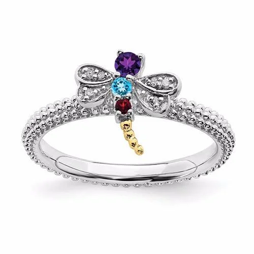 Sterling Silver & 14k Gold Stackable Expressions Gemstone Diamond Dragonfly Ring