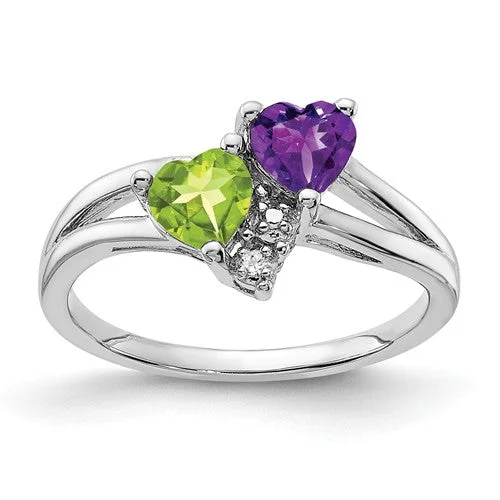 Sterling Silver Amethyst Peridot Double Heart and Diamond Accent Ring