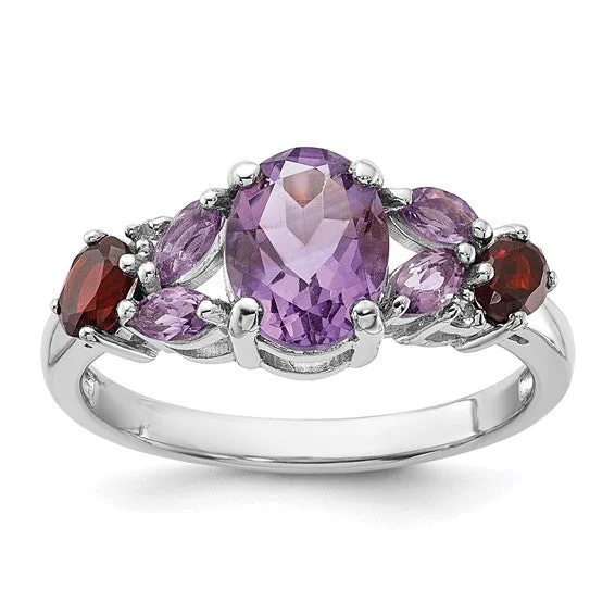 Sterling Silver Amethyst Pink Quartz Garnet and White Topaz Ring