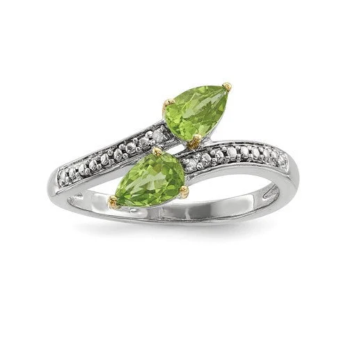 Sterling Silver And 14K Gold Double Peridot Pear Diamond ByPass Ring