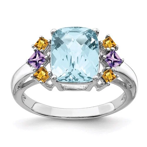 Sterling Silver Ant. Cushion Light Swiss Blue Topaz, Amethyst & Citrine Ring