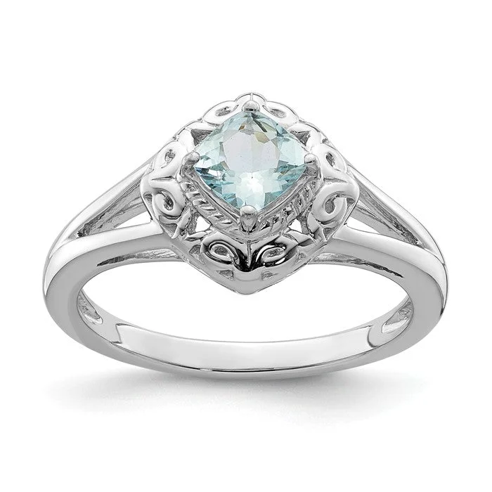 Sterling Silver Genuine Aquamarine Square Cushion Filigree Ring