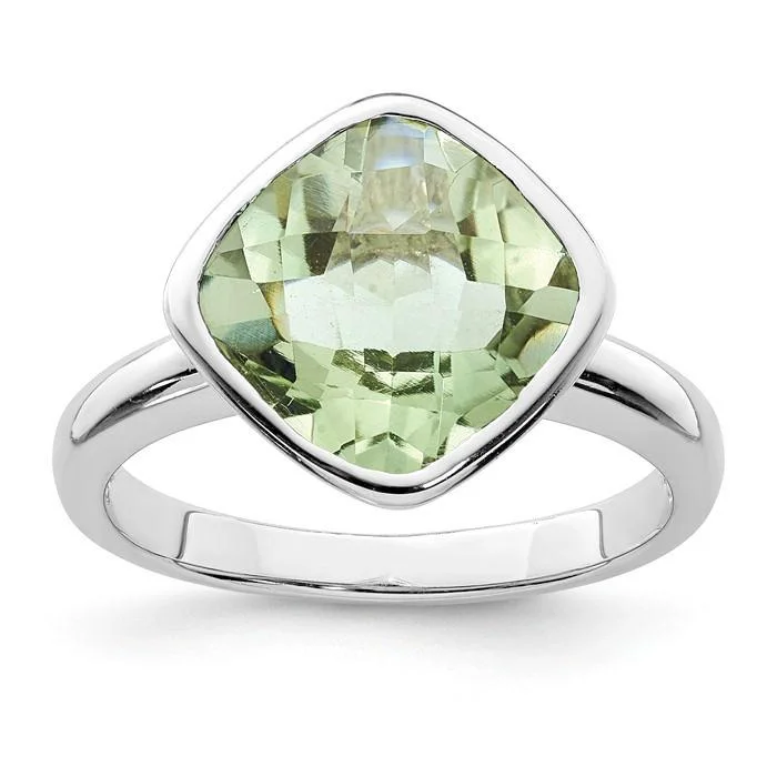 Sterling Silver Bezel Set Cushion Green Quartz Prasiolite Ring