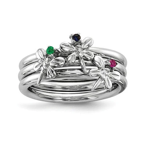 Sterling Silver Blue Sapphire, Ruby and Emerald Dragonfly Set of 3 Rings