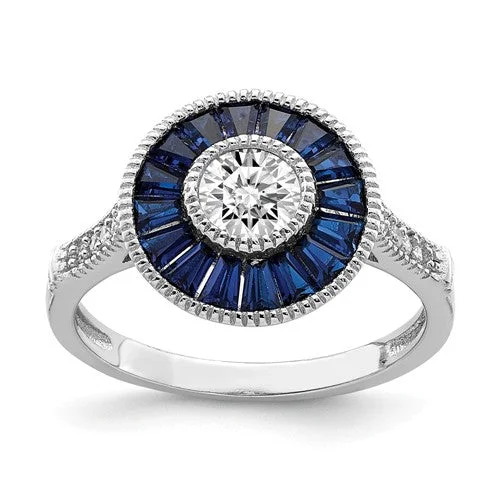 Sterling Silver Created Blue Spinel And CZ Halo Ring