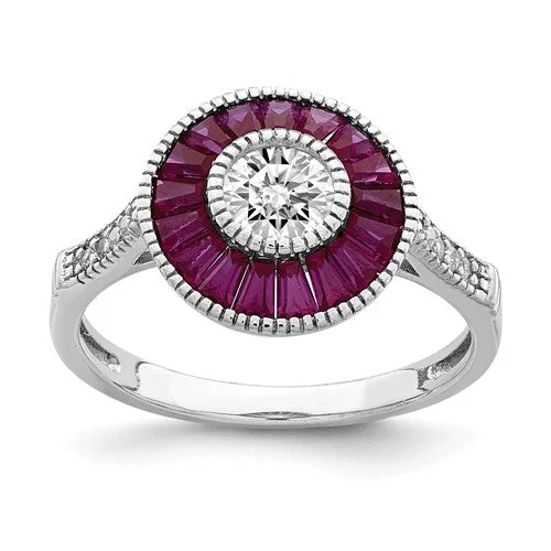 Sterling Silver Created Ruby And CZ Halo Ring