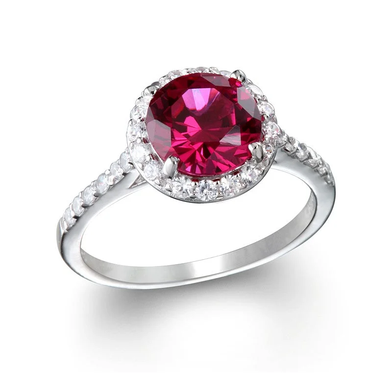 Sterling Silver Created Ruby Round & CZ Halo Ring