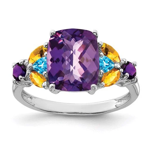 Sterling Silver Cushion Amethyst, Blue Topaz And Citrine Ring