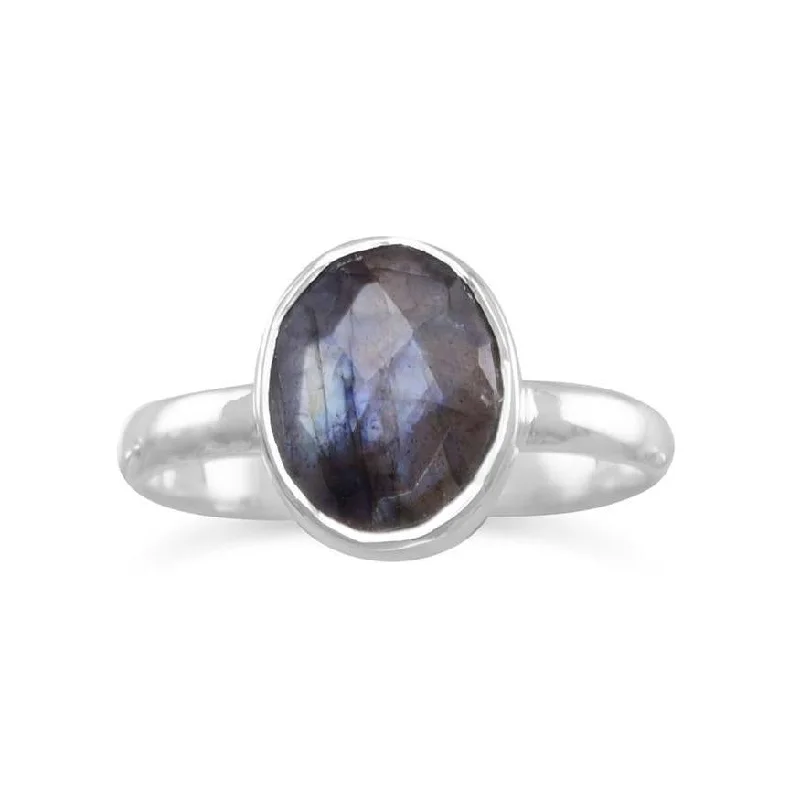 Sterling Silver Labradorite Bezel Set Oval Faceted Stackable Ring