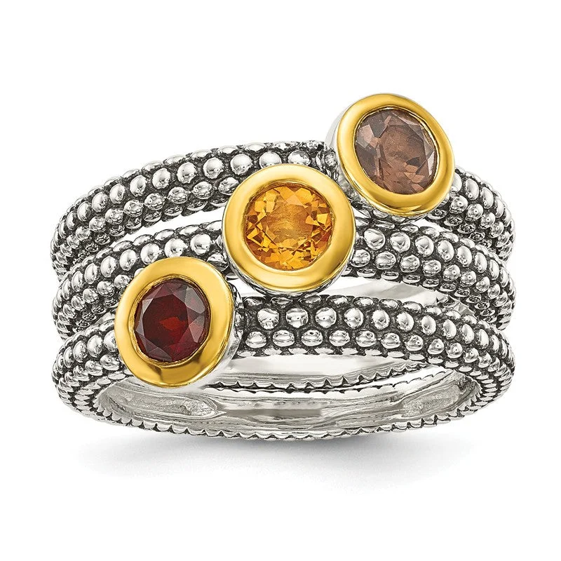 Sterling Silver Set of 3 Flash Gold Garnet, Citrine & Smoky Quartz Stackable Rings